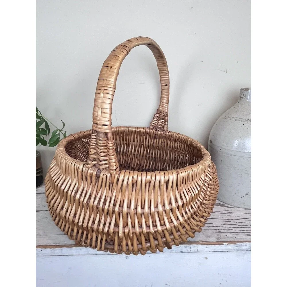 Vintage Large Primitive Chevron Weave Buttocks Woven Wicker Rustic Basket 16”